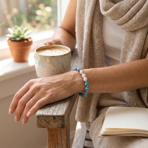 White Lava Stone Aromatherapy Bracelet with 2 Essential Oils – Diffuser Bead Bracelet with Dumbbell Charm (Stretch Fit)