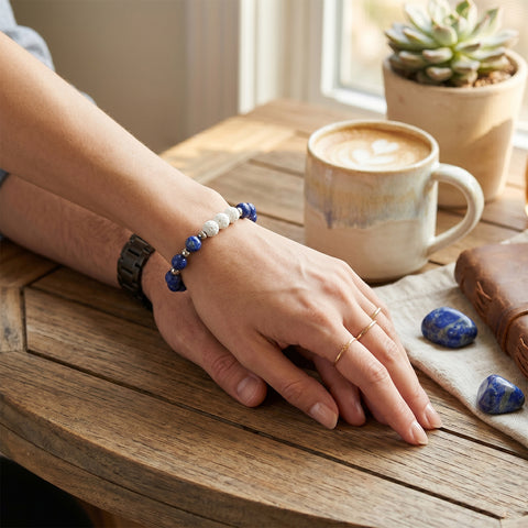 White Lava Stone Aromatherapy Bracelet with 2 Essential Oils – Diffuser Bead Bracelet with Dumbbell Charm (Stretch Fit)
