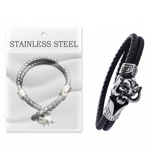 Black Leather Bracelet for Men & Women – Braided Leather & Stainless Steel Cuff with Magnetic Clasp (8 Inch, Multiple Styles)