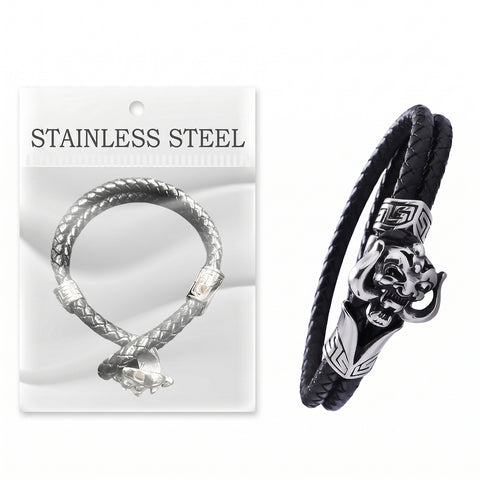 Black Leather Bracelet for Men & Women – Braided Leather & Stainless Steel Cuff with Magnetic Clasp (8 Inch, Multiple Styles)