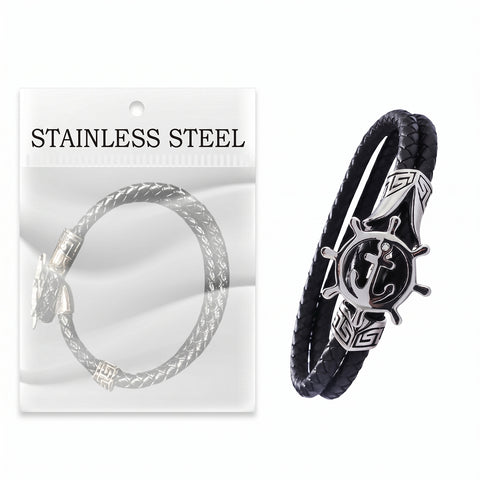 Black Leather Bracelet for Men & Women – Braided Leather & Stainless Steel Cuff with Magnetic Clasp (8 Inch, Multiple Styles)