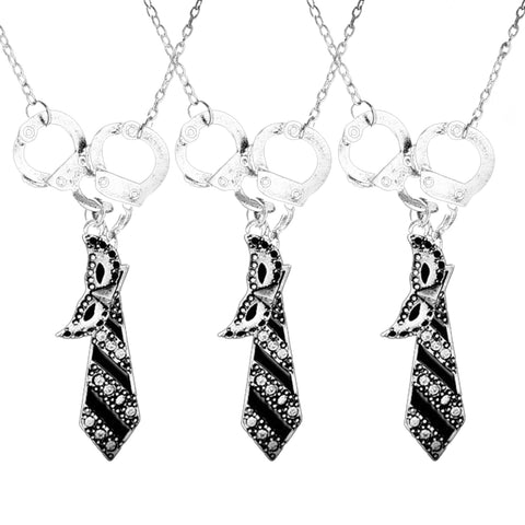 Handcuff Charm Necklace for Women – Silver Tone Pendant Necklace with Tie & Mask Charms (18” Chain)