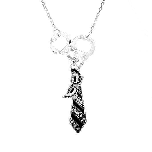 Handcuff Charm Necklace for Women – Silver Tone Pendant Necklace with Tie & Mask Charms (18” Chain)