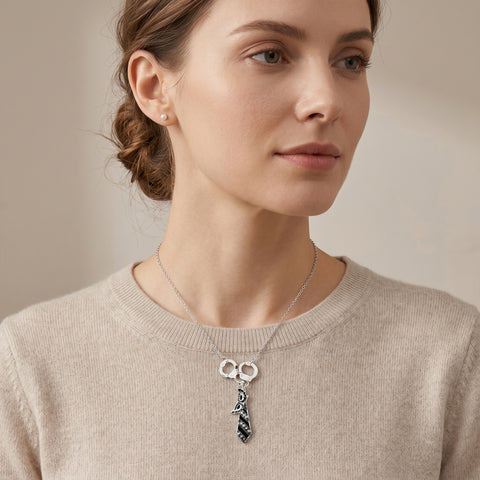 Handcuff Charm Necklace for Women – Silver Tone Pendant Necklace with Tie & Mask Charms (18” Chain)