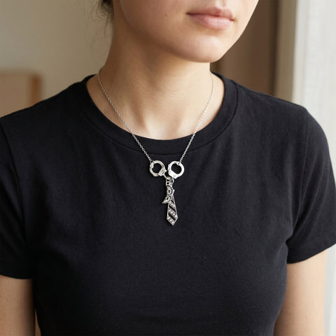 Handcuff Charm Necklace for Women – Silver Tone Pendant Necklace with Tie & Mask Charms (18” Chain)