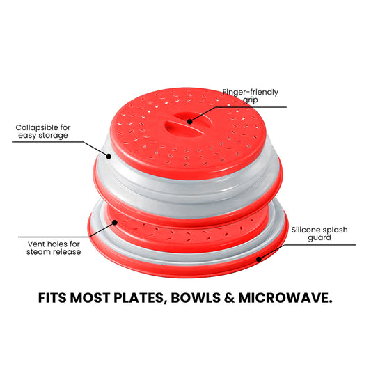 Collapsible Microwave Food Cover – Vented Splatter Guard with Grip, Red