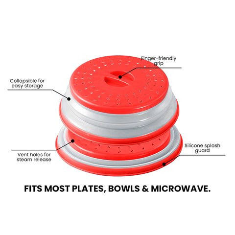 Collapsible Microwave Food Cover – Vented Splatter Guard with Grip, Red