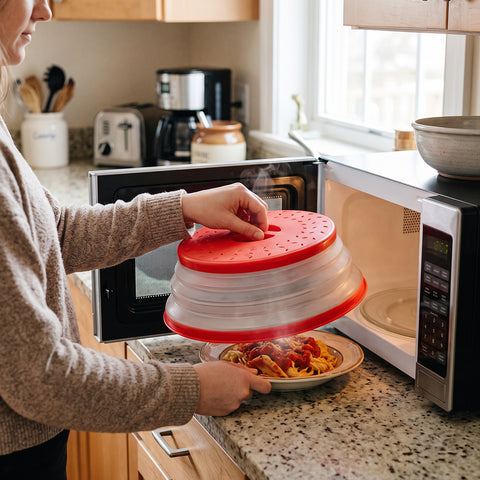 Collapsible Microwave Food Cover – Vented Splatter Guard with Grip, Red