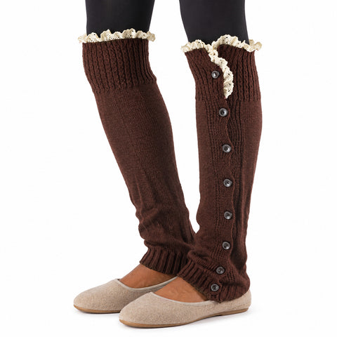 Button-Accent Leg Warmers – Long Knit Boot Cuffs, Chocolate, Khaki or Mint