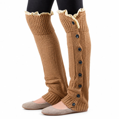 Button-Accent Leg Warmers – Long Knit Boot Cuffs, Chocolate, Khaki or Mint