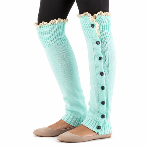 Button-Accent Leg Warmers – Long Knit Boot Cuffs, Chocolate, Khaki or Mint