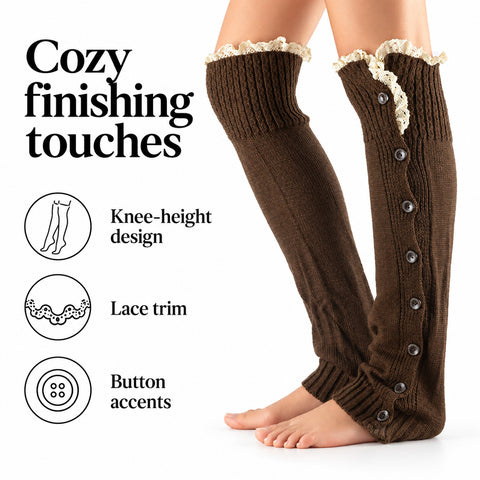 Button-Accent Leg Warmers – Long Knit Boot Cuffs, Chocolate, Khaki or Mint