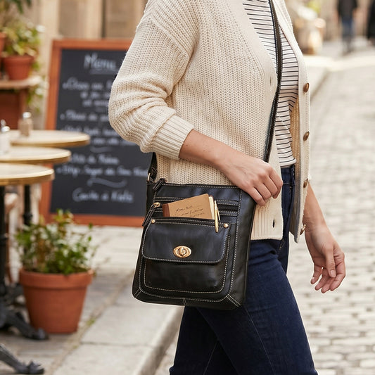 Vintage Buckle Crossbody Messenger Bag PU Faux Leather Shoulder Bag with Zipper Closure & Top Handle