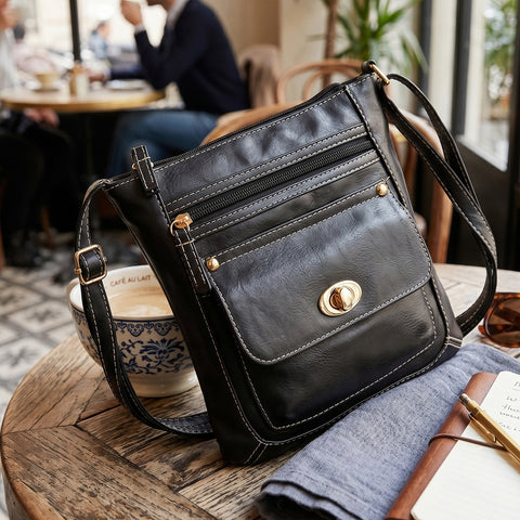 Vintage Buckle Crossbody Messenger Bag PU Faux Leather Shoulder Bag with Zipper Closure & Top Handle