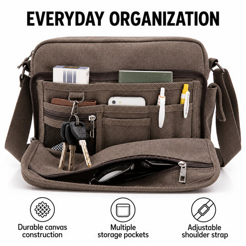 Canvas Messenger Bag with Adjustable Shoulder Strap Multi-Pocket Crossbody Shoulder Bag for Work, School & Travel