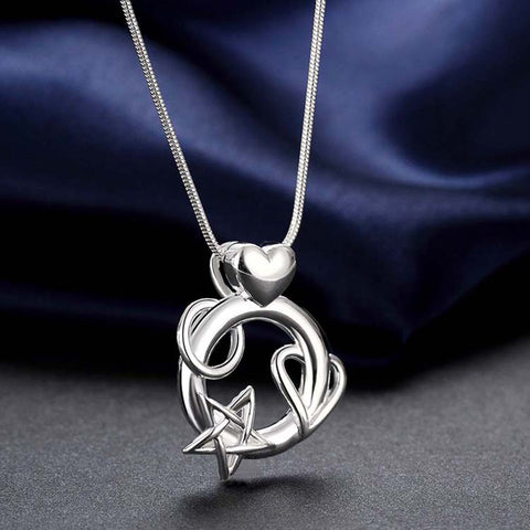 Sterling Silver “Love You to the Moon” Necklace – Heart, Star & Moon Pendant with 18.5” Snake Chain