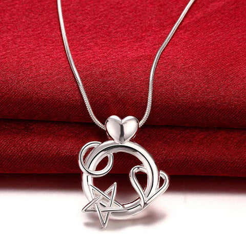 Sterling Silver “Love You to the Moon” Necklace – Heart, Star & Moon Pendant with 18.5” Snake Chain