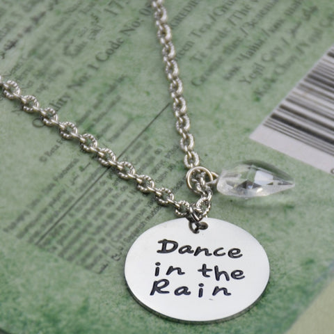 “Dance in the Rain” Charm Necklace – Silver Tone Inspirational Love Necklace with Engraved Pendant