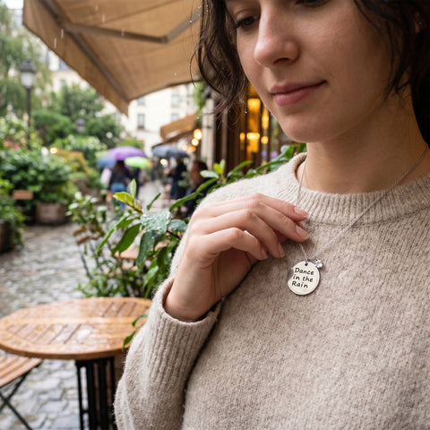 “Dance in the Rain” Charm Necklace – Silver Tone Inspirational Love Necklace with Engraved Pendant