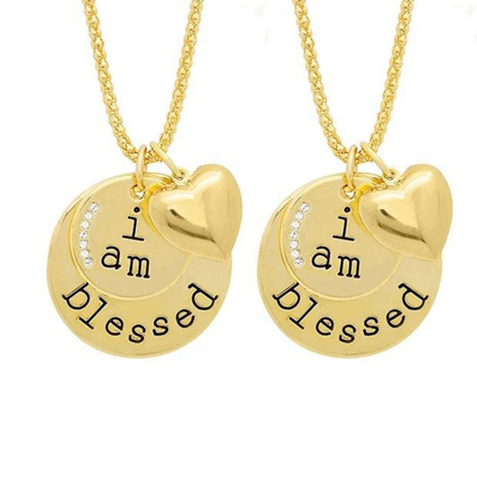 “I Am Blessed” Crystal Pendant Necklace – 7 Stone Circle Necklace with Heart Charm, 18K Gold or White Gold Plated (19” + 3” Extender)