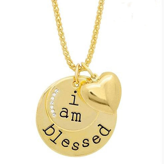 “I Am Blessed” Crystal Pendant Necklace – 7 Stone Circle Necklace with Heart Charm, 18K Gold or White Gold Plated (19” + 3” Extender)