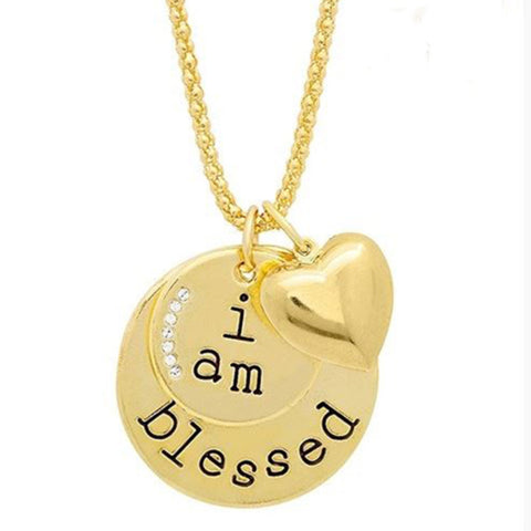 “I Am Blessed” Crystal Pendant Necklace – 7 Stone Circle Necklace with Heart Charm, 18K Gold or White Gold Plated (19” + 3” Extender)