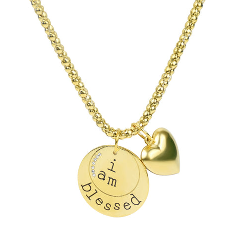 “I Am Blessed” Crystal Pendant Necklace – 7 Stone Circle Necklace with Heart Charm, 18K Gold or White Gold Plated (19” + 3” Extender)