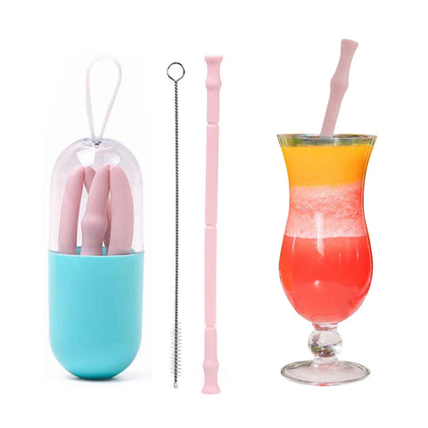 Reusable Silicone Drinking Straw with Case and Brush – Foldable Travel Set