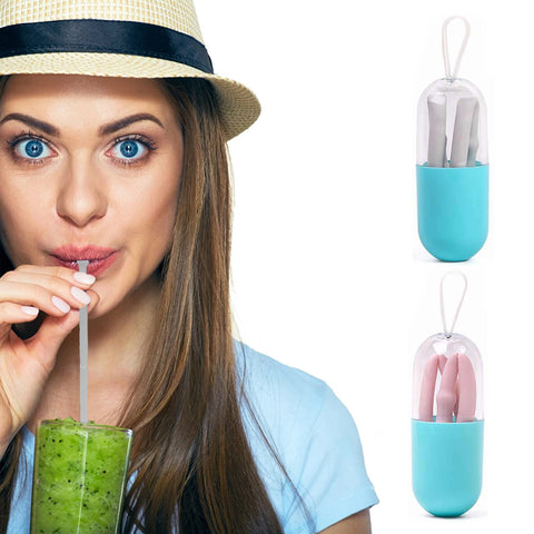 Reusable Silicone Drinking Straw with Case and Brush – Foldable Travel Set