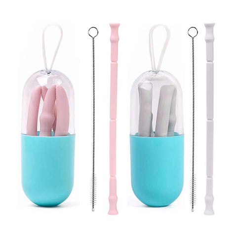 Reusable Silicone Drinking Straw with Case and Brush – Foldable Travel Set