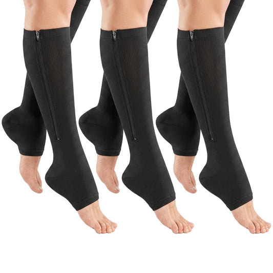 3-Pack Zip-Up Open-Toe Compression Socks – 10–20 mmHg Knee-High Leg Support with Easy-On Zipper, Black, One Size
