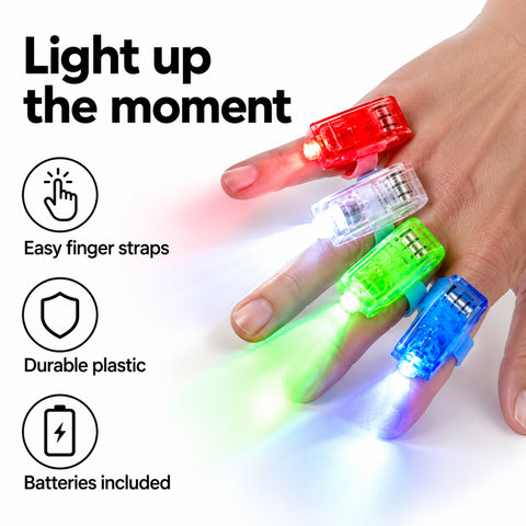 8-Pack LED Finger Lights – Bright Light-Up Finger Toys  Colorful LED Finger Rings with Adjustable Hook-and-Loop Straps | Battery-Powered Party Lights for Kids & Adults