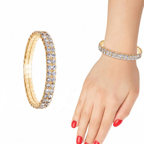 Crystal Double Row Stretch Bracelet Set (2-Pack) – Tennis Style Sparkling Bracelet for Women, Comfortable Elastic Fit