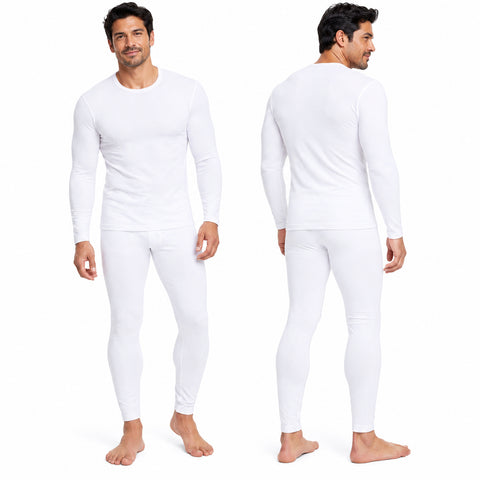 Men's Thermal Underwear Set – Cotton-Blend Long-Sleeve Top and Bottom, White