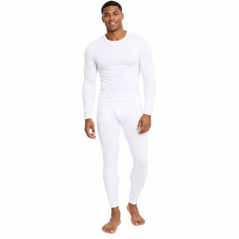 Men's Thermal Underwear Set – Cotton-Blend Long-Sleeve Top and Bottom, White