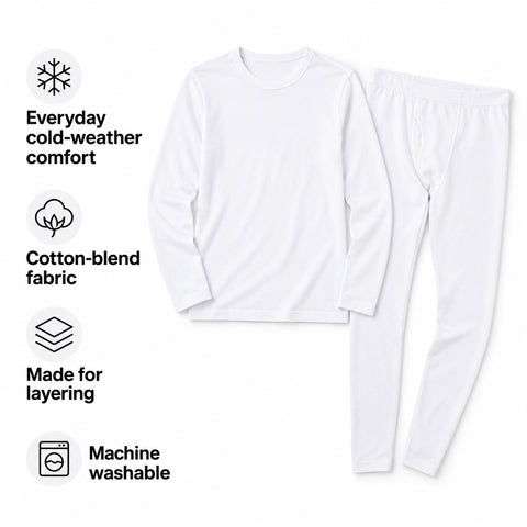 Men's Thermal Underwear Set – Cotton-Blend Long-Sleeve Top and Bottom, White