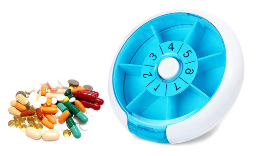 Portable Push Button Rotating Round Case Once a Day Daily Medicine Organizer for Pill,Capsule,Fish Oil,Vitamin