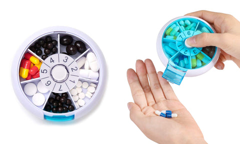 Portable Push Button Rotating Round Case Once a Day Daily Medicine Organizer for Pill,Capsule,Fish Oil,Vitamin