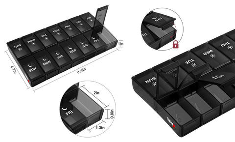 7-Day Push Button Pill, Medicine, Vitamin Organizer With AM/PM Large Compartments