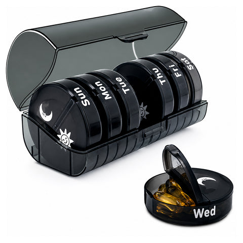 2 Times a Day,AM PM Weekly Pill Organizer   Large Daily Pill Box with black case for Travel,Round Medicine Organizer,7 Day Pill Container for Vitamins, Fish Oils Supplement,Medicine