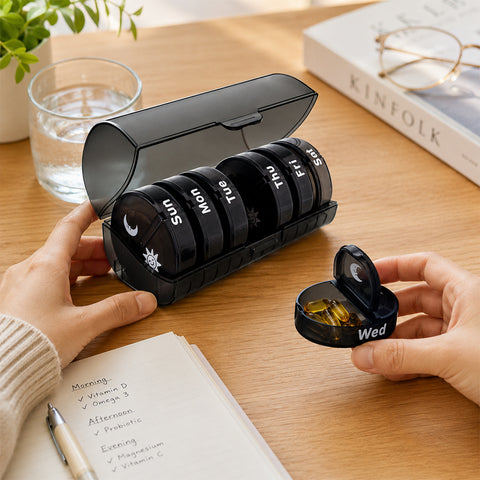 2 Times a Day,AM PM Weekly Pill Organizer   Large Daily Pill Box with black case for Travel,Round Medicine Organizer,7 Day Pill Container for Vitamins, Fish Oils Supplement,Medicine