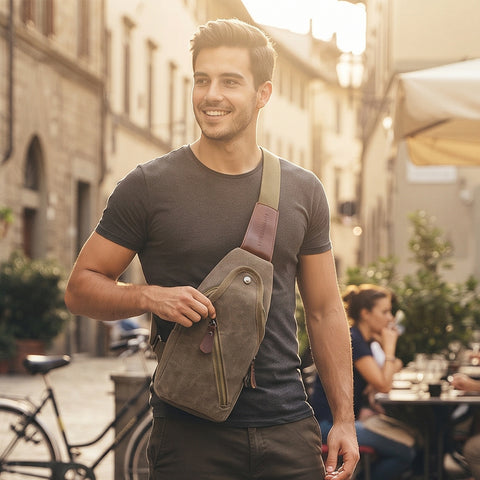 Metro Modern Canvas Shoulder Sling Bag Lightweight Crossbody Chest Bag with Adjustable Strap & Multiple Zipper Pockets