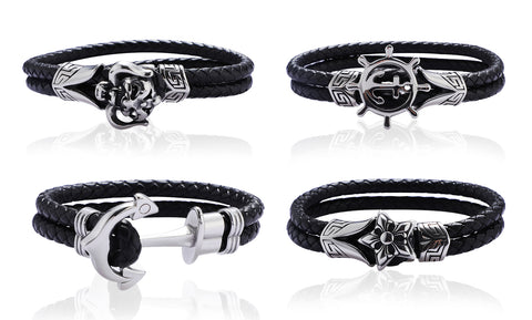 Black Leather Bracelets for Men Women Mens Bracelet Leather and Steel Braided Cuff Bracelets