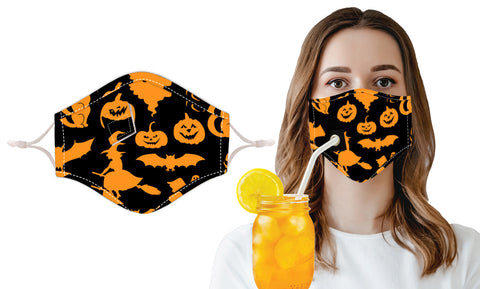 Halloween Themed Reusable Face Mask with Drinking Straw Hole (3-Pack)