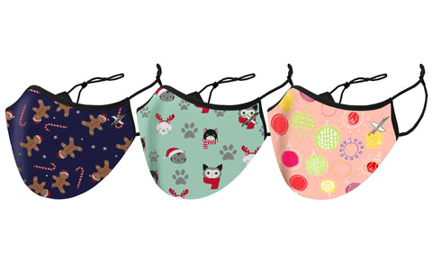 3-Pack: Christmas Two-Layer Reusable Face Mask With Adjustable Ear Loops