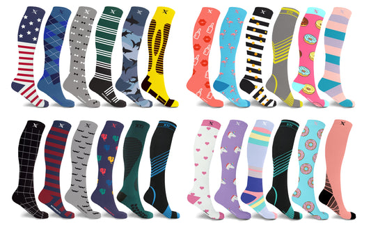 6-Pairs: XTF Unisex Novelty Collection Knee-High Compression Socks