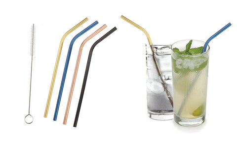 Colored Platinum Stainless Steel Straws With Brush Set (5-Pack or 10-Pack)