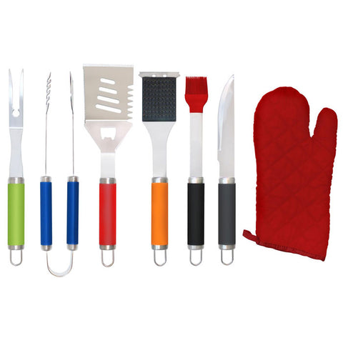 7-Piece BBQ Set with Colored Handles and Aluminum Storage Case