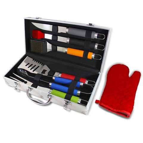 7-Piece BBQ Set with Colored Handles and Aluminum Storage Case