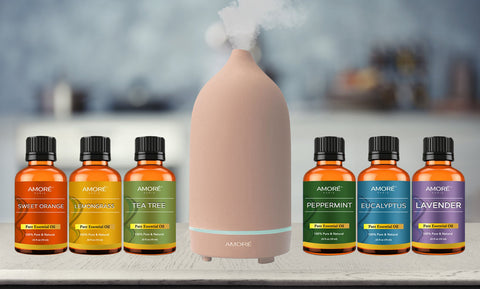 Pink Ceramic Ultrasonic Aromatherapy Essential Oil Diffuser With Essential Oils (7-Piece)